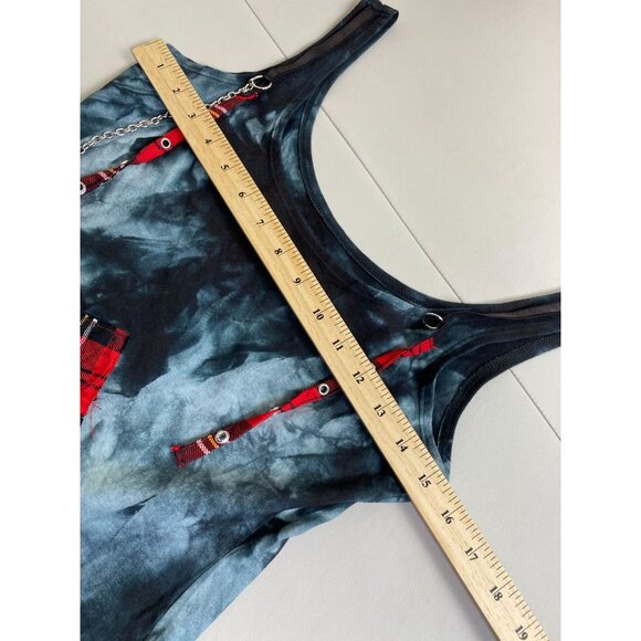 Soye Tie Dye Tank Top Size Medium Red Plaid Chain Accents Grunge Goth Punk Emo - Picture 4 of 16